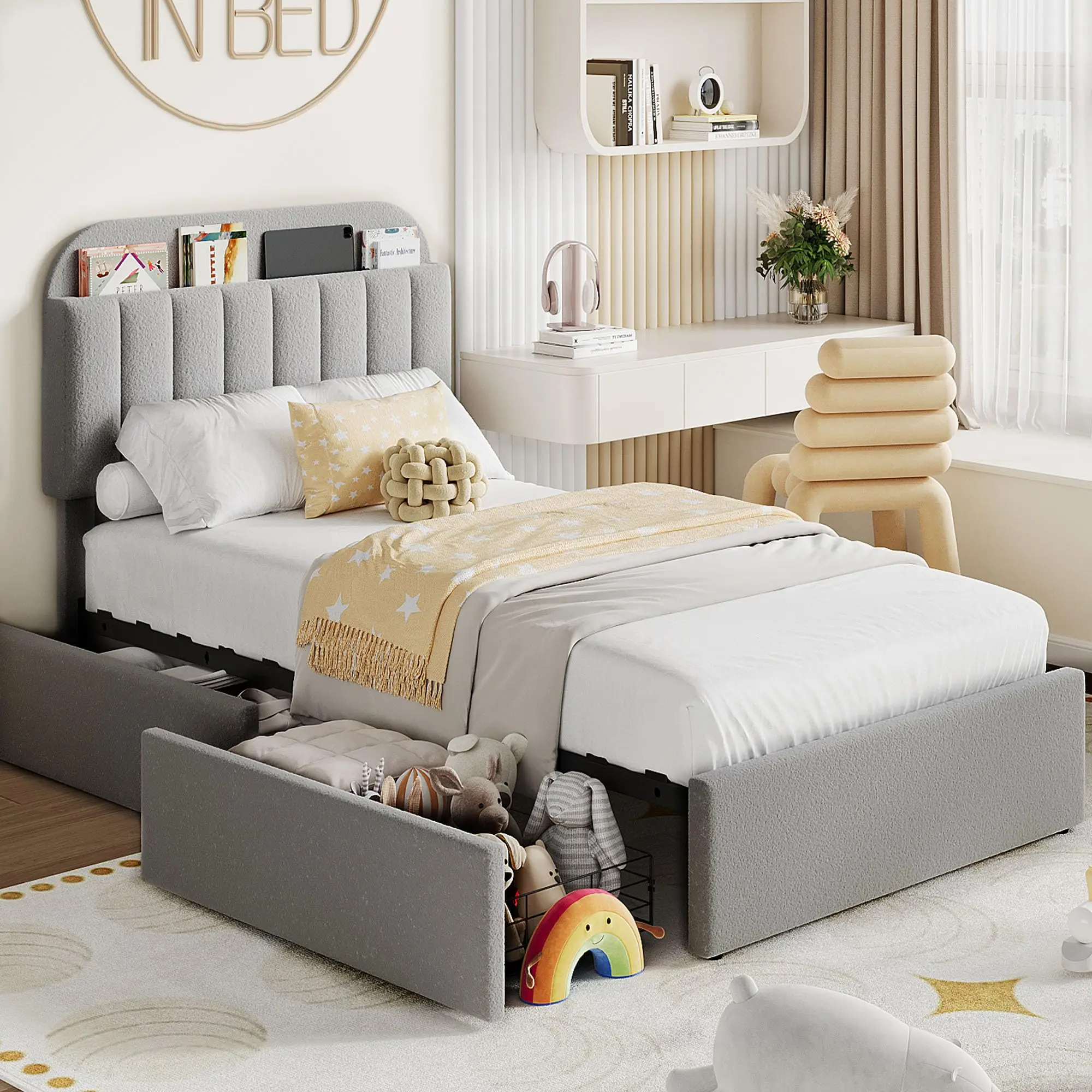 Twin Size Bed Frame with 2 Flexible Drawers,Boucle Upholstered Platform Bed Frame with Bookcase Headboard,Bedframe for Kids/Girls,Easy Assembly,No Box Spring Needed,Noise Free,Grey, Sturdy Bed Frame, Bedroom Furniture Headboard