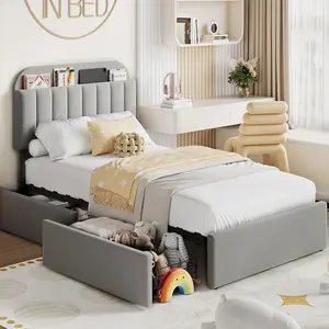 Twin Size Bed Frame with 2 Flexible Drawers,Boucle Upholstered Platform Bed Frame with Bookcase Headboard,Bedframe for Kids/Girls,Easy Assembly,No Box Spring Needed,Noise Free,Grey