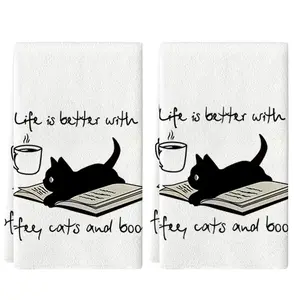 2-Pack Cat Reading Towels, Coffee Kitchen Towel Set, 16x24 Inches, Reusable Dish Cloth, Perfect Gift