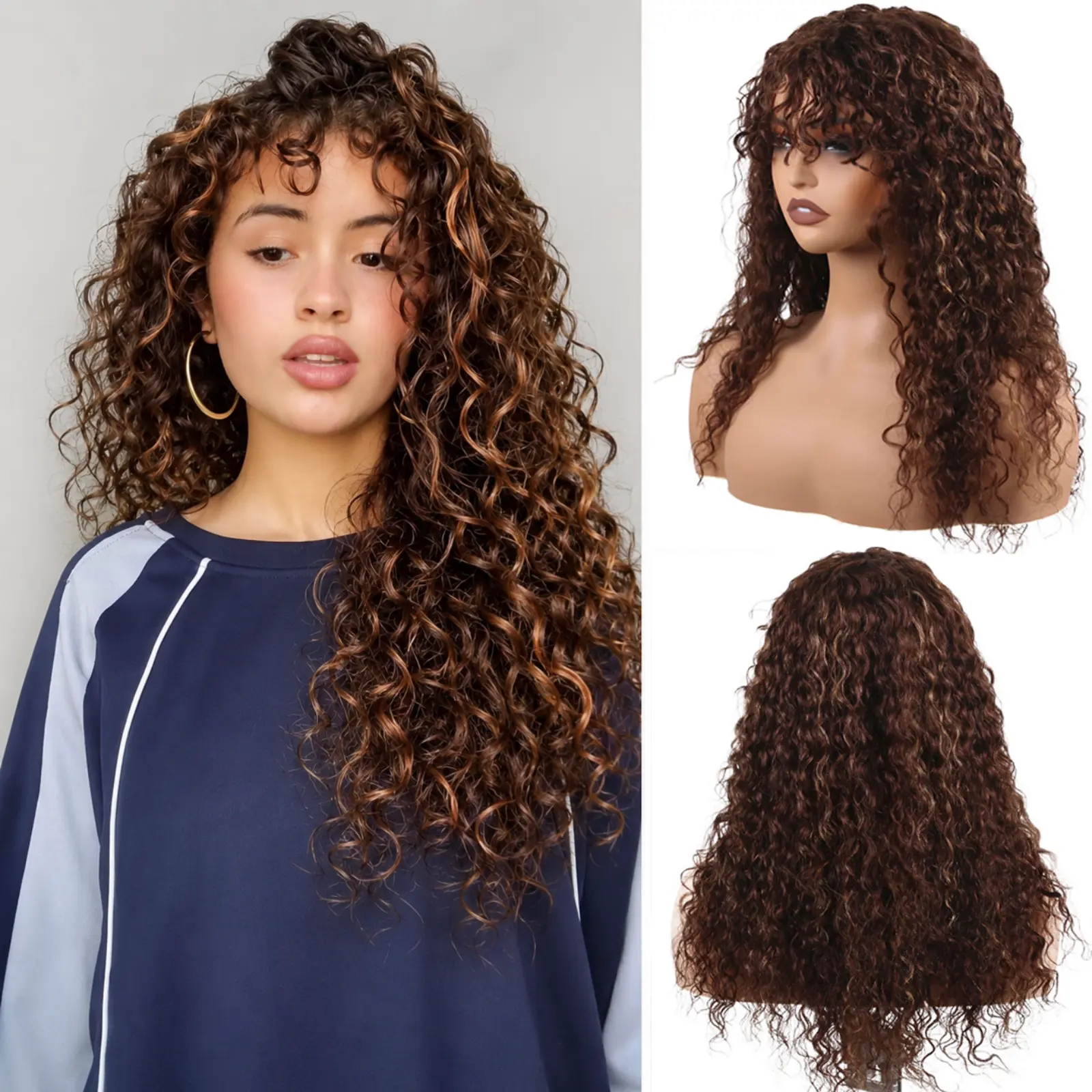 22/24 Inch Wet & Wavy Curly Wave Human Hair Wig with Bangs, Glueless Non-Lace Full Machine-Made Cap, Just Wear & Go!  100% Virgin Brazilian Hair