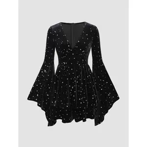 Velvet V-neck Star & Moon Pattern Bell Sleeve Wizard Romper
