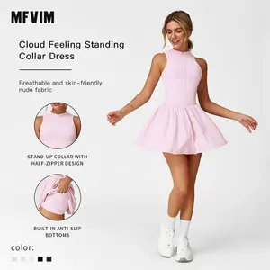 Women's High Neck Tennis Dress Sleeveless Wrap Dress Built-in Shorts Golf Sports Dress Workout Jumpsuit