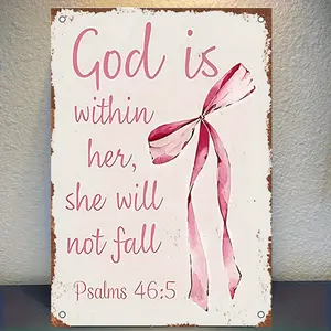 Vintage Metal Iron Sign with Pink Bow & Inspirational Bible Verse "God is Within Her, She Will Not Fall" - Rustic 8x12 Inch Indoor/Outdoor Wall Decor for Living Room, Bedroom, Office - Durable Christian Home Decor, Inspirational Wall Decor, Elegant Scrip
