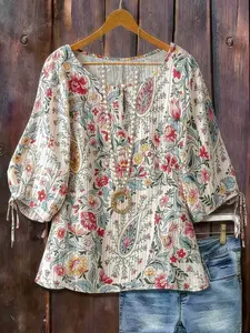 Women's Casual Floral Printed Loose Fit Half Sleeve Round Neck Shirt, Summer Top for Daily Wear and Vacation