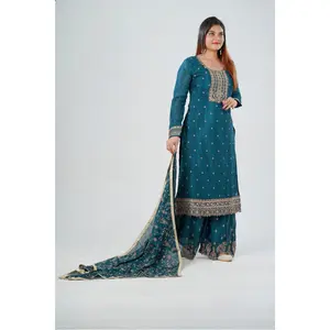 Green Soft Chinnon Silk Sharara - Handwork Embroidery