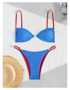 Gingham Bikini Set Women Push Up Padded Bathing Suit Tie Backless Thong Swimsuit Two Piece Summer Beachwear Vintage Floral Print Swimsuits for Teens