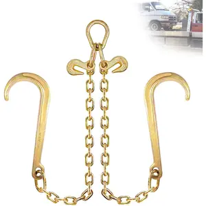 Towing Chain Bridle, 5/16" X 2ft V-Bridle Tow Chain with 15" J-Hooks and Grab Hooks Grade 70 Safety Chains for Flatbed Trucks, Yellow Zinc Plated, 4900 lbs Capacity