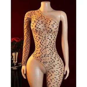 Elegant & Seductive Leopard Print Lace Hollow-Out Bodysuit for Women Crotchless Design High-Quality Lingerie with Intricate Detailing Perfect for Intimate Moments Womenswear Khaki