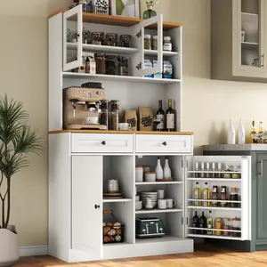Kitchen Pantry Storage Cabinet with 2 Drawers, Tall Kitchen Hutch with Microwave Stand, Modern Buffet Cabinet with Adjustable Shelves, Food Pantry with Glass Doors