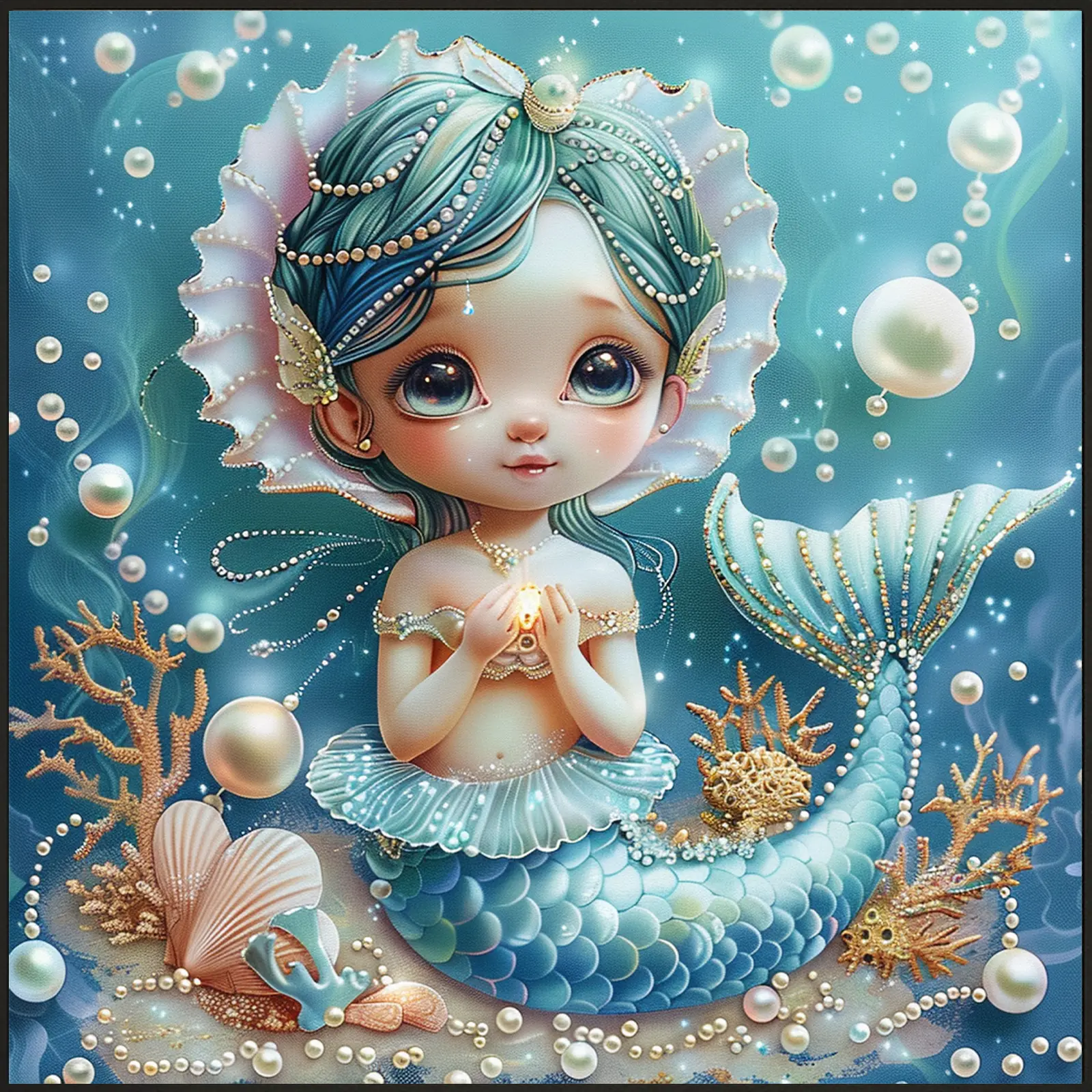 Cute Mermaid Full Drill Diamond Painting Kit, DIY Rhinestone Art with Underwater Pearls & Corals, Home Wall Decor Gift for Art Enthusiasts