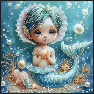 Cute Mermaid Full Drill Diamond Painting Kit, DIY Rhinestone Art with Underwater Pearls & Corals, Home Wall Decor Gift for Art Enthusiasts