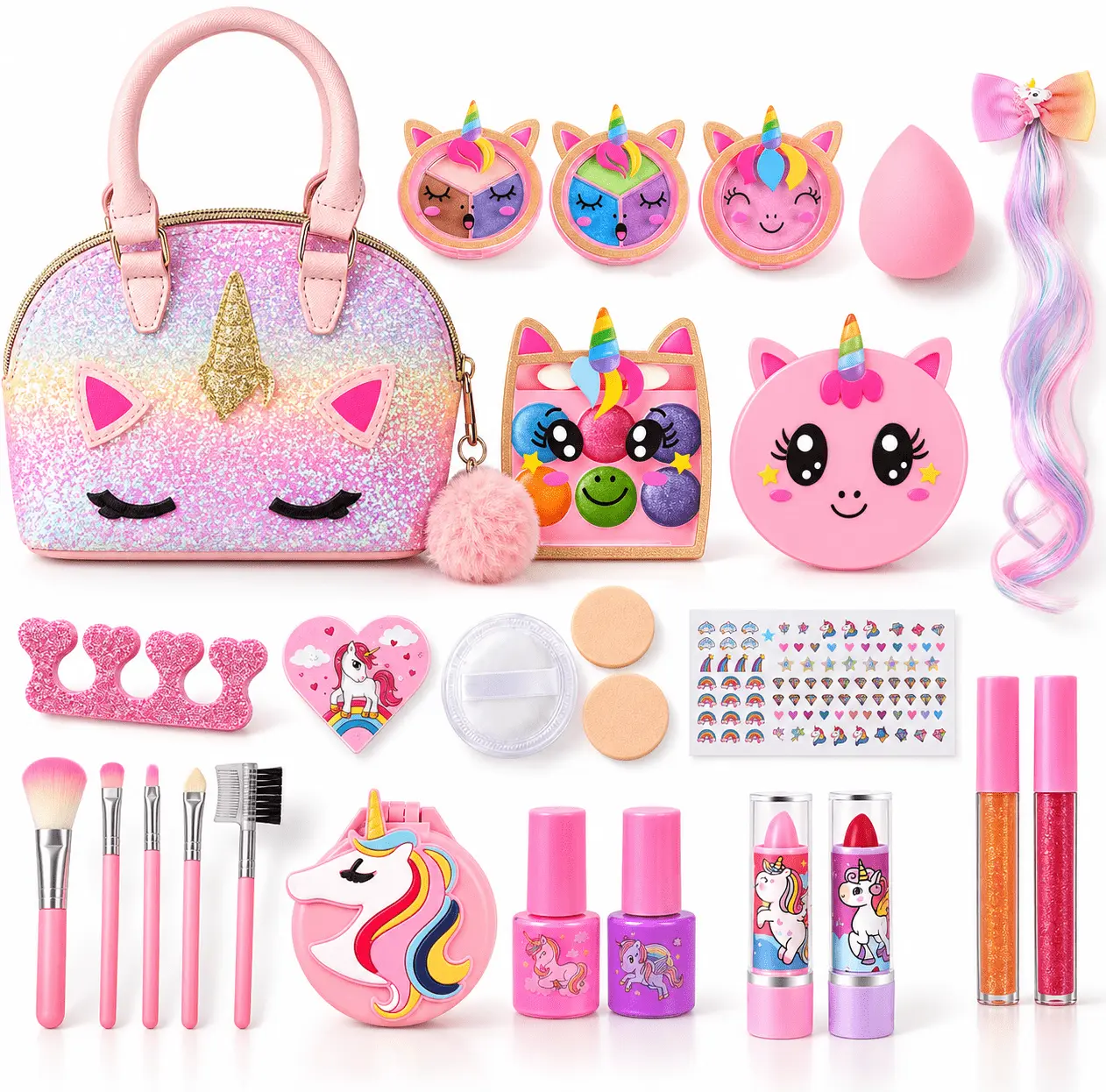Dreamon Kids Washable Safe Pretend Playset - Girls' Makeup Toy Gift Kit with Lip Gloss, Makeup Brushes, Pressed Powder, Comb, #SummerVibes