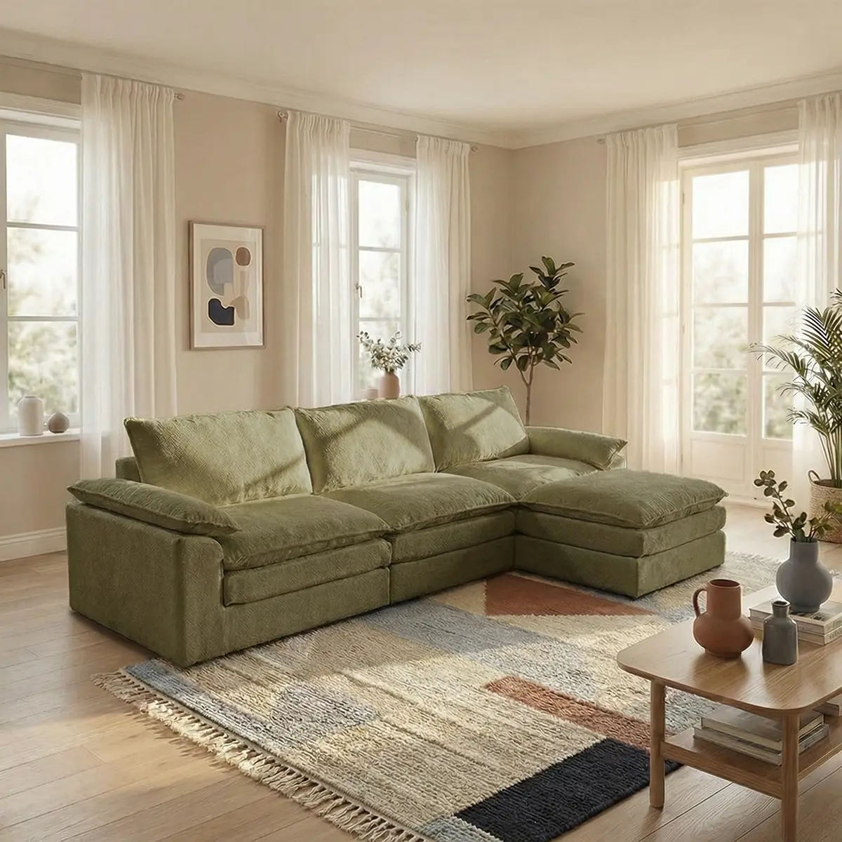 118-Inch L-Shaped Modular Chenille Fluffy Cloud Sectional Sofa - Knitted Fabric Boneless Sectional Couch, No-Assembly Contemporary Comfy Living Room Corner Sofa with U-Shaped Option, Chenille Fluffy Sofa