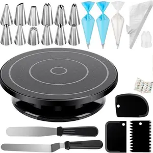 71pcs Stainless Steel Piping Tips & Cake Turntable Set, 12 Tips, 2 Reusable Bags, 50 Clear Bags, 2 Converters, 2 Spatulas, 3 Scrapers