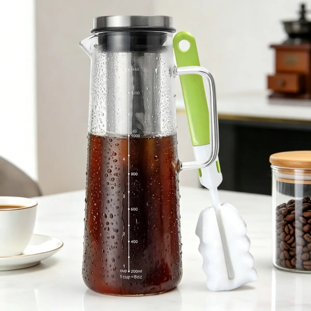 Cold Brew Coffee Maker with Cleaning Brush, 47oz Thick Glass Carafe, Stainless Steel Filter, Iced Tea Pitcher, Comfortable Handle, Coffee Brewer