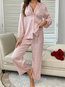 Two-Piece Spring & Fall New Heart Ice Silk Pajama Set, Lace Edge Breathable Women's Home Wear, Casual Long Sleeve Button Front