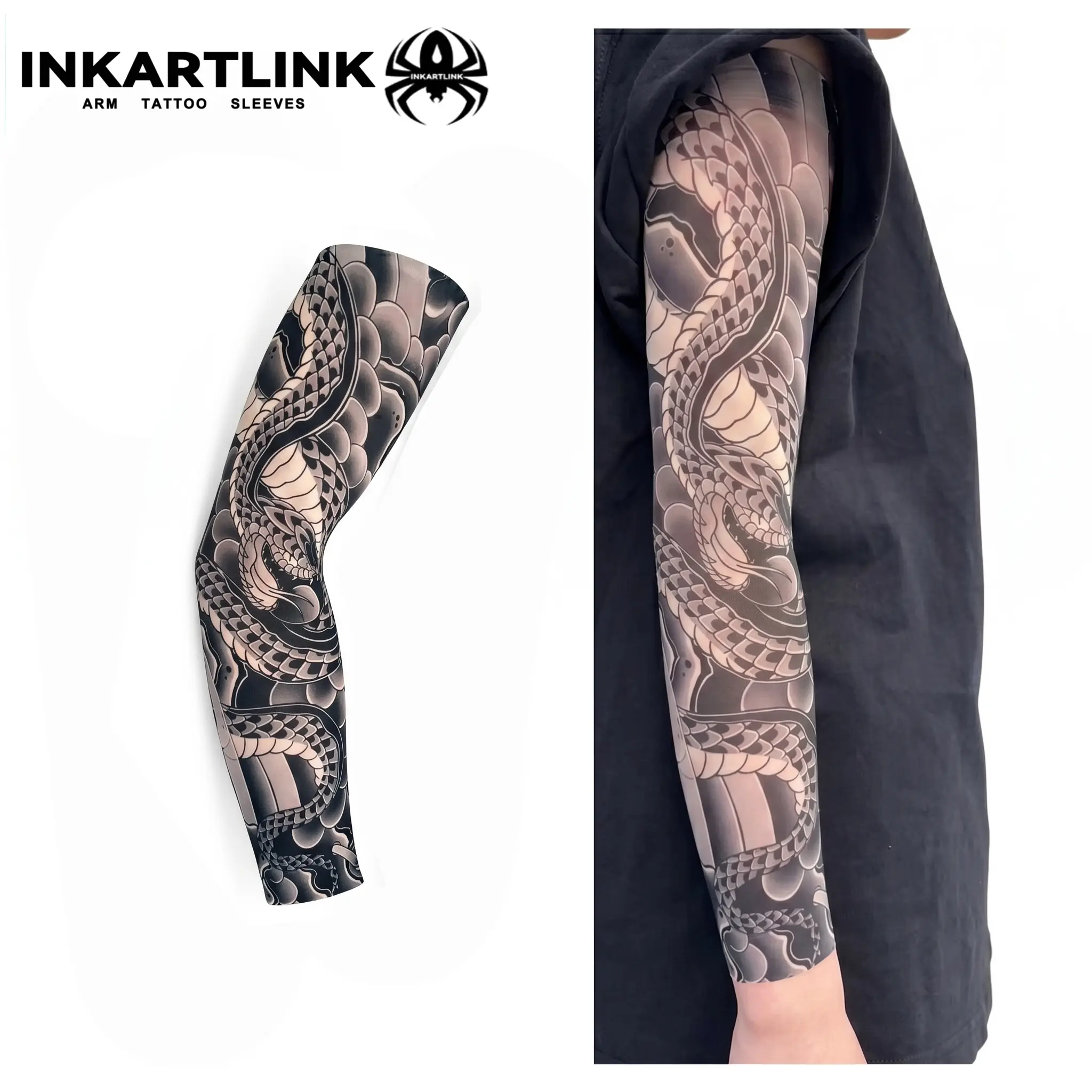 Arm Sleeve, Japanese Tattoo Snake Print, Cooling Ice Silk Polyester Long Sleeve for UV Sun Protection - 1 Piece, Arm Sleeves Cover, Upper Arm Sleeve