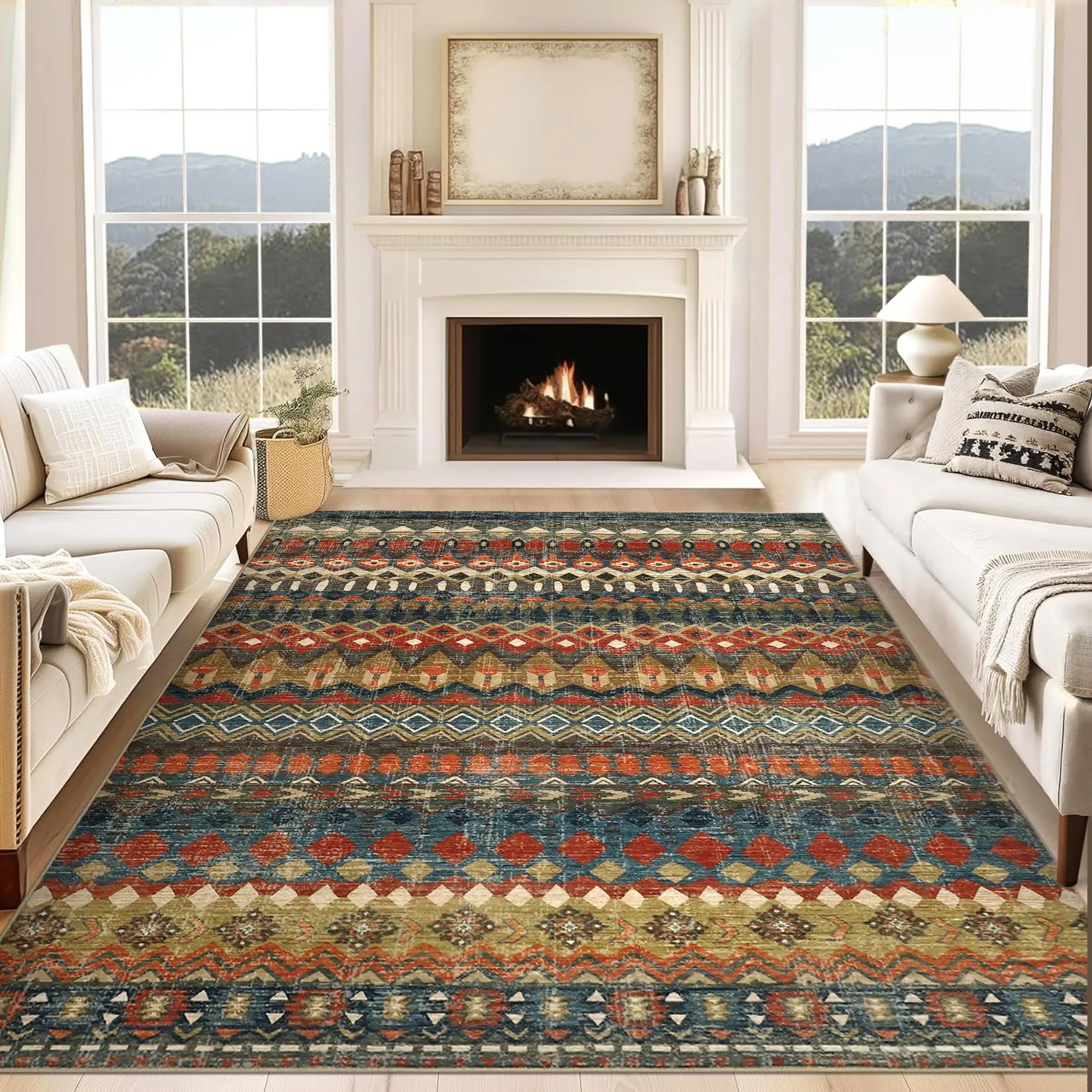 Washable Area Rug 5x7 Distressed Geometric Printed Throw Rugs, Non-Slip Low Pile Indoor Mat, Foldable Non-Shedding Accent Carpet for Living Room, Bedroom, Office, Colorful