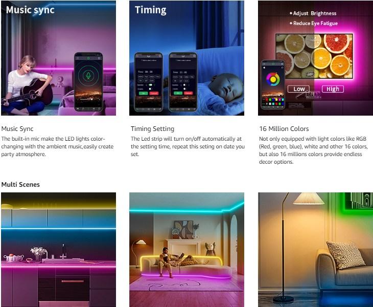 300FT (3 x 100FT) Smart RGB Led Strip Lights Color Changing Time Setting Music Sync Led Lights with both App and Remote Control,for Halloween Christmas Lights