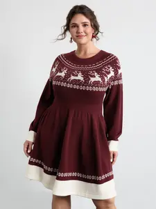 BLOOMCHIC Plus Size Reindeer Print Cinched-Waist Acrylic Knit Sweater Midi Dress - Long Sleeve, Round Neck, Baggy Fabric, Contrast Trim, Casual Wear, Fashion [M-6X] Deep Red Christmas Womenswear 2026 Summer Vibes Swimweek