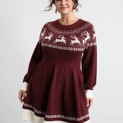 plus size christmas sweater dress HDE Women's Party Ugly Long Sleeve Above Knee Skater Dress Fun Holiday Xmas Swing Tunic Dear Santa Bring Wine Tipsy Elves hilarious holiday clothing will keep everyone looking cute Knit Sweater Christmas Sweater Dress
