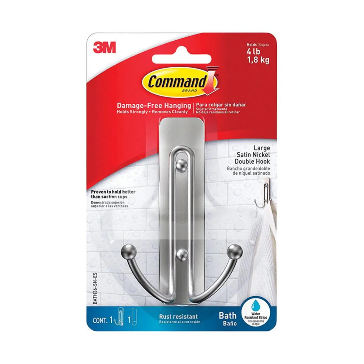 Command Large Adhesive Wall Mounted Hooks, 4.03 in. Plastic Strips, 4 lbs Weight Capacity