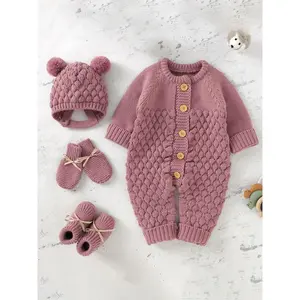 Baby Button Front Open Sweater Romper and Pom Pom Decorated Baby Hat and Bow Decorated Gloves and Knitted Baby Shoes Set, Cute Clothing Set