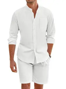 Cross-Border Summer Linen Loose Beach Men's Casual Simple Workwear Short Sleeve Shirt Long Pants Set, Comfortable, Stylish, Breathable Menswear