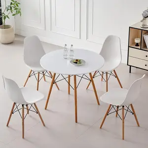 5-Piece Round Dining Table Set, Small 31.5" Kitchen Table Chairs Set of 4 Space Saving Furniture, Plastic Seats, Solid Wood Legs, for Living Room Apartment Office Home, White