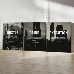 3Pcs Wooden Framed Canvas Painting, Black And White Cityscape With Motivational Quotes, Exquisite Poster, Home Decoration, Pattern Wall Art Decor, For Living Room, Bedroom, Office, Restaurant, Bar Wall Decor, Odorless, Painting, Print Artwork.
