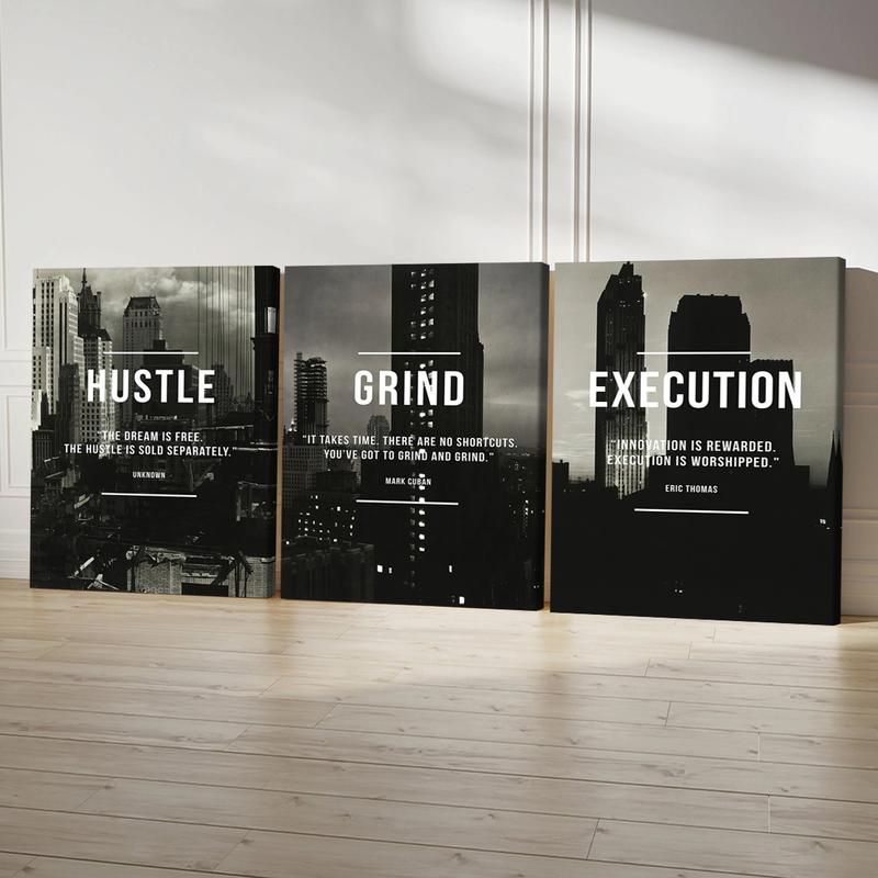 3Pcs Wooden Framed Canvas Painting, Black And White Cityscape With Motivational Quotes, Exquisite Poster, Home Decoration, Pattern Wall Art Decor, For Living Room, Bedroom, Office, Restaurant, Bar Wall Decor, Odorless, Painting, Print Artwork.