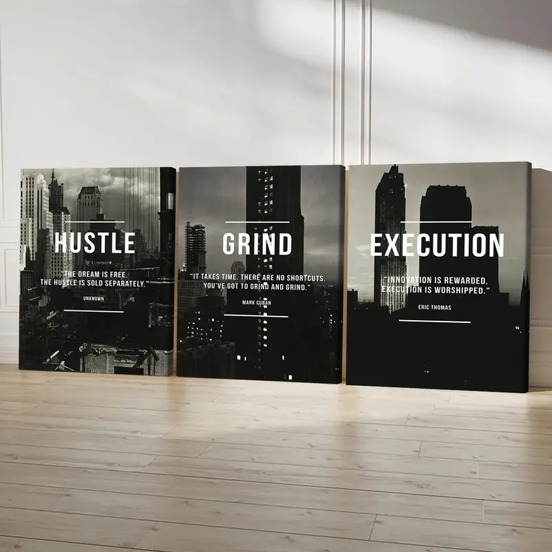 3Pcs Wooden Framed Canvas Painting, Black And White Cityscape With Motivational Quotes, Exquisite Poster, Home Decoration, Pattern Wall Art Decor, For Living Room, Bedroom, Office, Restaurant, Bar Wall Decor, Odorless, Painting, Print Artwork.