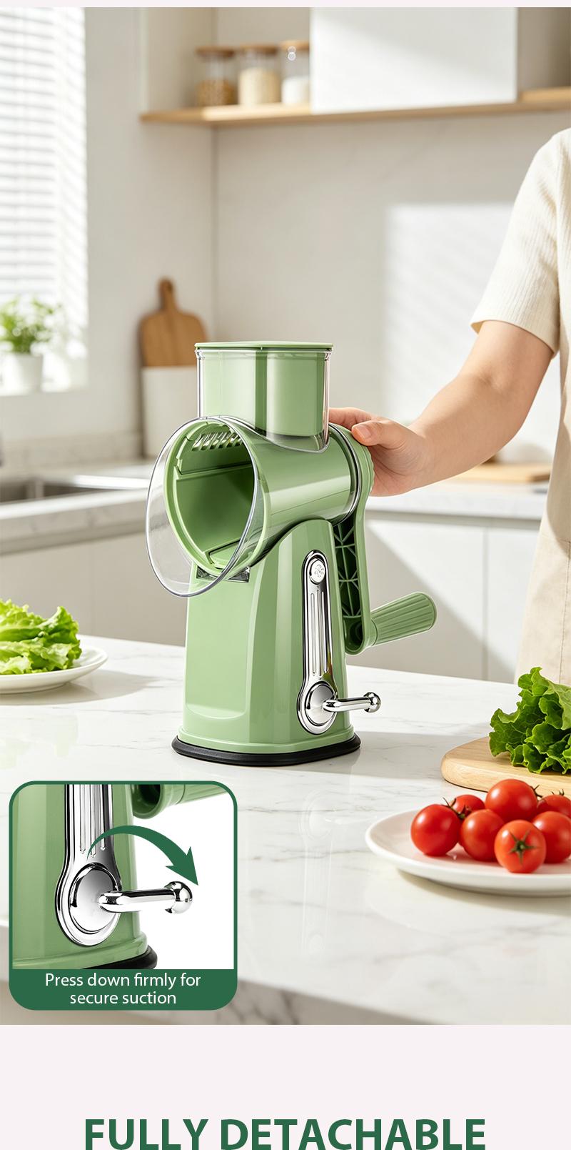 SUSTEAS Rotary Cheese Grater Hand Crank Food Chopper with Handle, 5 Well-Designed Blades, Strong Suction Cup Base, Blade Storage Box, Removable Parts for Simple Cleanup, No Power Home Cooking Tool for Wavy Cuts,sohochic