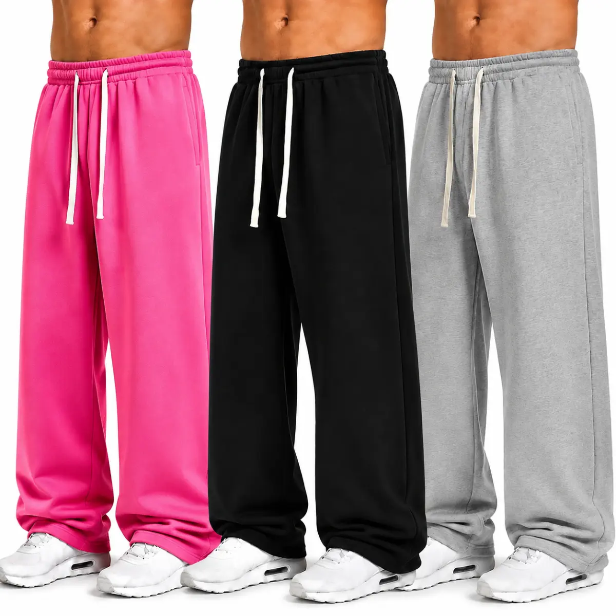 3-Pack Men's Classic Heavyweight Sweatpants. Oversized Baggy Skater Pants with Long Drawstring. Trendy Y2K Hip Hop Streetwear Trousers. Unisex Cozy Wide Leg Bottoms for Fall Winter Lounge Wear.