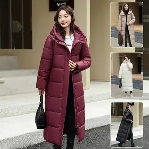 Women'sSuperLongDownJacketWinterPufferThickCoatBlackRedHoodedZipperKeepWarmFallWinterCasualClothes