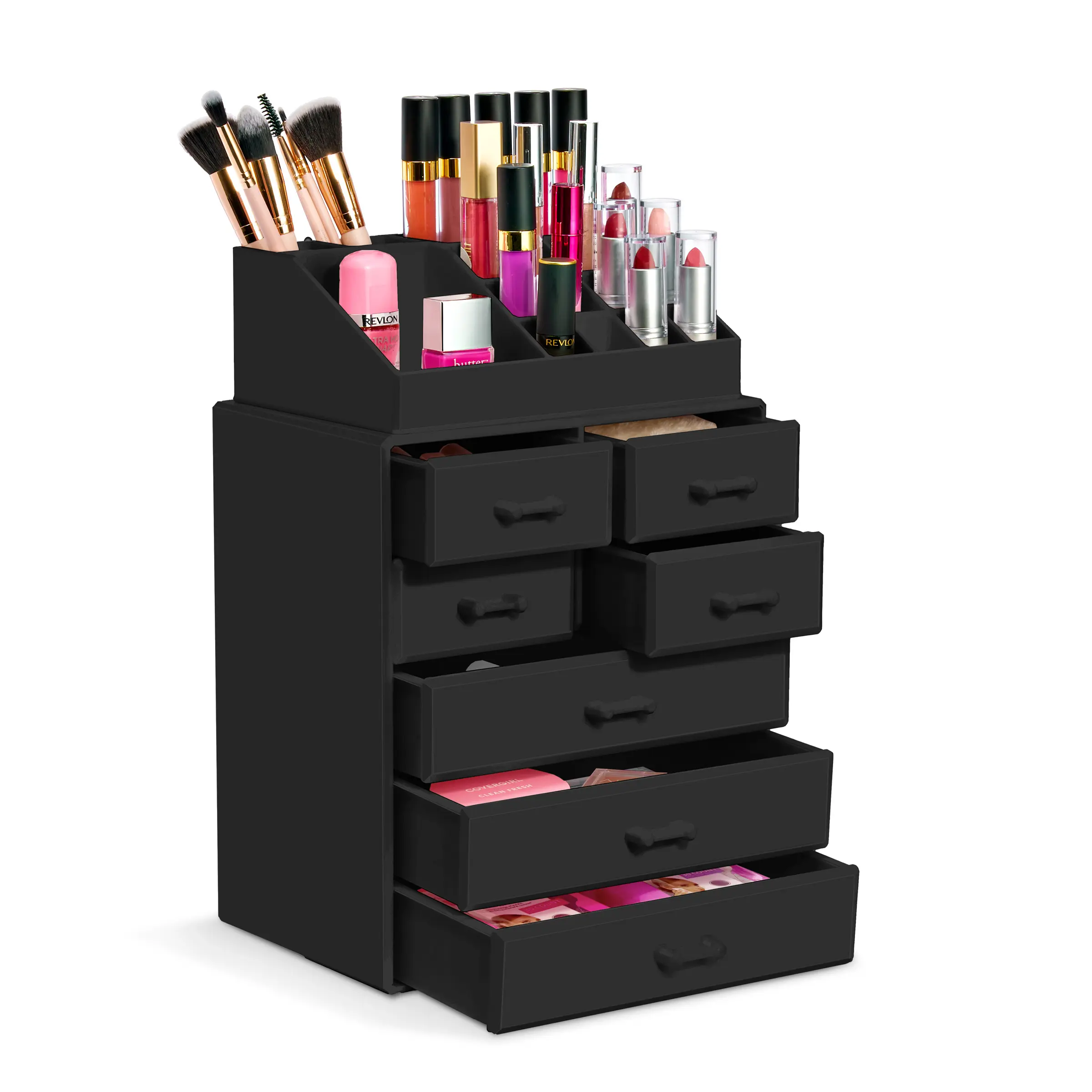 Sorbus 7-Drawer Acrylic Makeup Organizer - Multi-Compartment Stackable Vanity Storage Case with Slide Drawers, Transparent Glass & Colorful Plastic Brush Holder (Ideal Gift for Home Organization)