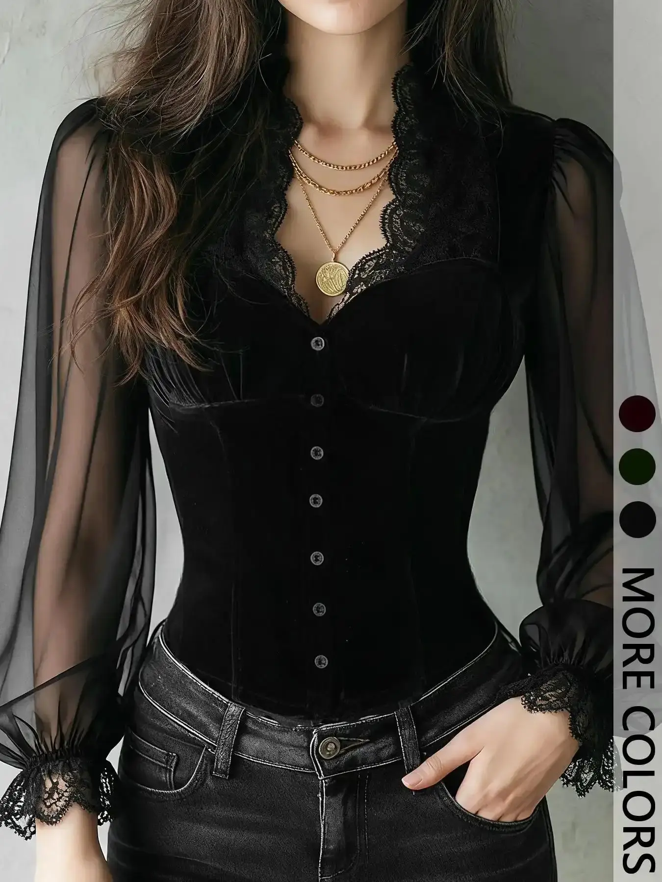 Women's 1pc Lace Trim Corset Blouse Top Functional Front Button Placket & Sheer Puff Long Sleeves & Slim Corset Silhouette & Contrast Texture Design,gothic Aesthetic Fitted Spring, Womenswear