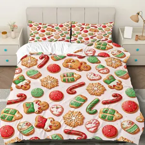 3PCS Duvet Cover Set, 1 Duvet+2 Pillowcases(Without filler), Gingerbread Candy Canes Christmas Cookies Festive theme, Christmas bedding set, Holiday Decor Seasonal Winter Wonderland Gifts Suitable for decoration Bedroom Living Room Guest Room Hotel.