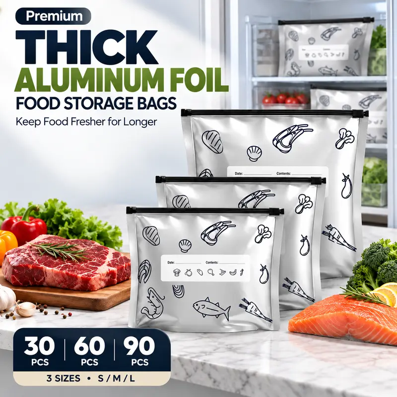 Reusable Aluminium Foil Food Storage Bags (3 Sizes, 30/60/90PCS) - Kitchen Accessories, Freezer Safe Sealed Zip-Top Resealable Stand-Up Pouches with Writable Labels for Meal Prep, Foil Wrapper Containers, Freezer Safe Food Storage