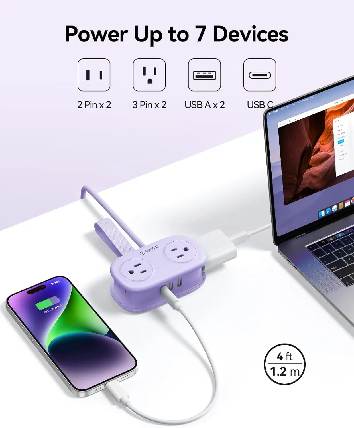 ORICO 7-in-1 Multi Ports Travel Strip, 3 Universal Socket Outlets, 20W/65W Output PD GaN Fast Charger iPhone, 4FT Wrapped Extension Cord, Flat Plug, Cruise Approved for Hotel - AP3
