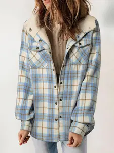 Women's Plaid / Houndstooth Print Button Front Hooded Coat, Casual Longsleeves Pocket Coat for Fall & Winter, Ladies Outerwear for Daily Wear, Womenswear, Plaid Jacket