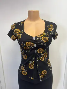 Flower Blouse - Black Top with Pink Floral Design for Womenswear Short Sleeve V Neck BLACK PURPLE FLOWER BLOUS