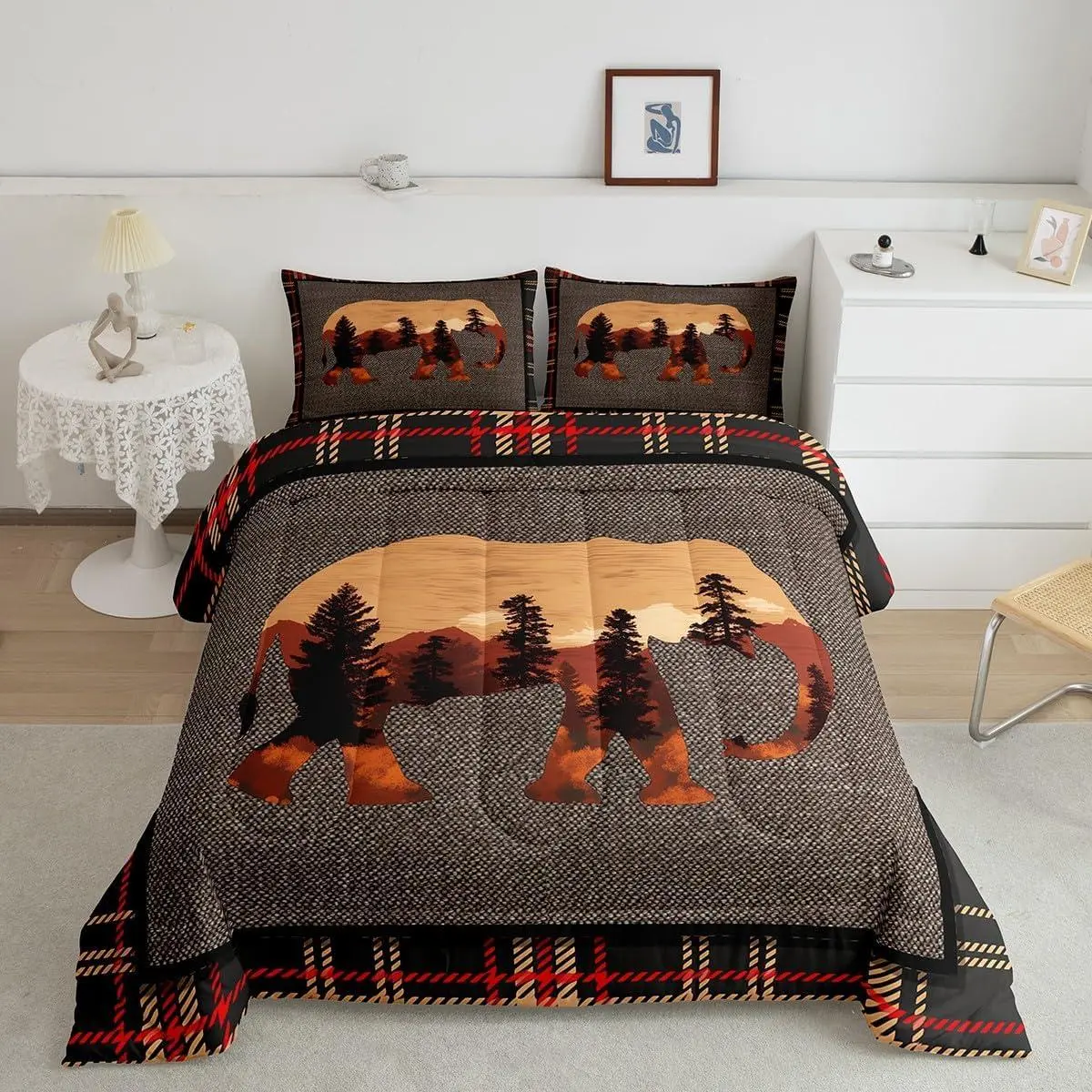 Feelyou Elephant Comforter Set - Country Western Farmhouse Queen Bedding Set, Orange Grey Plaid Quilt, Nature Wild Animal Themed Bedding for Teens, Bedding Sets, Queen Bedding Sets