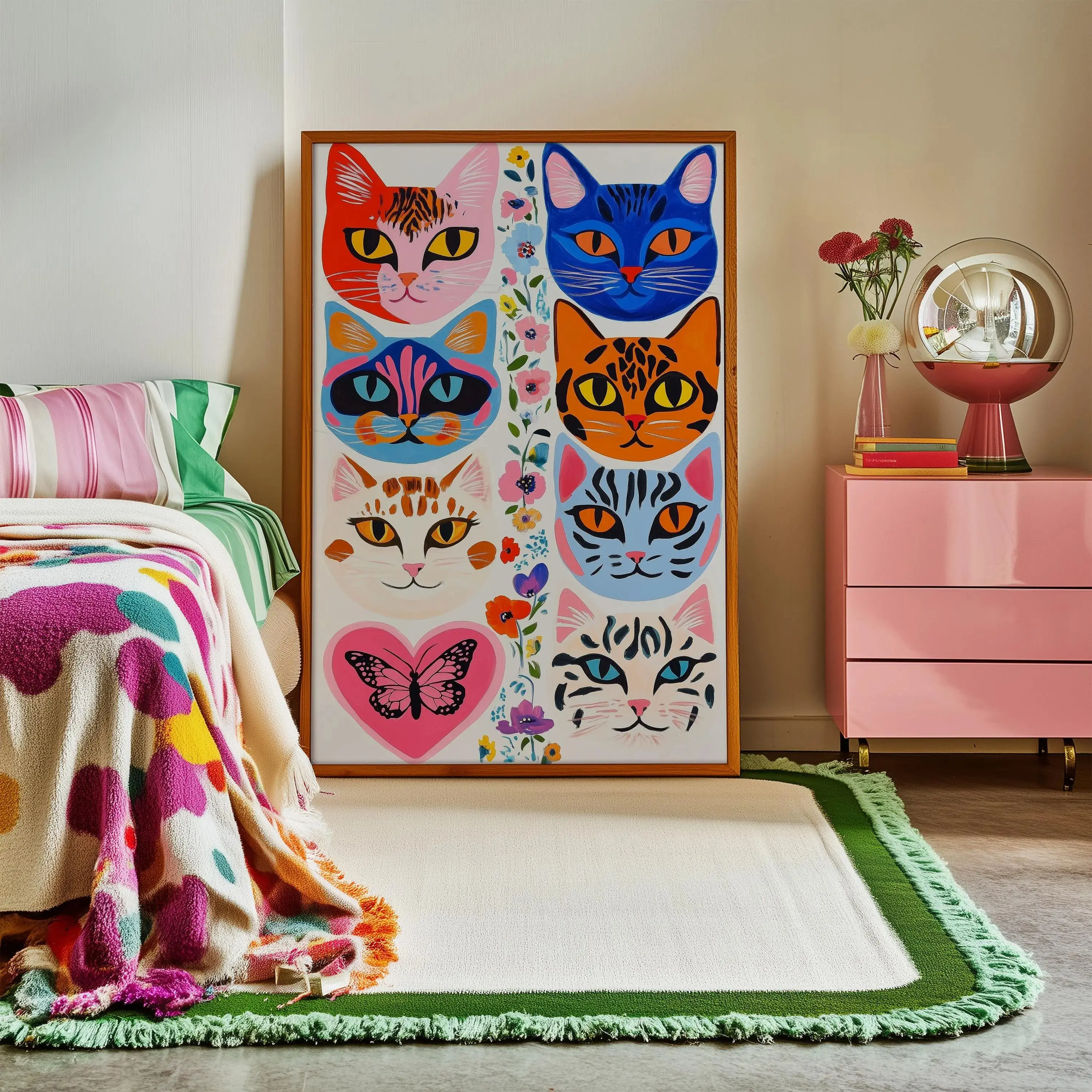Eclectic Cat Portrait Poster Unframed : Floral Butterfly Decor, Colorful