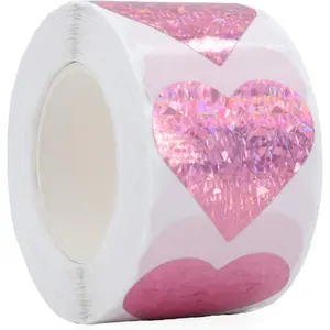 Mercei 1.5" Pink Heart Stickers with Glitter Holographic Gravel Pattern, 500 pcs Sparkling Adhesive Heart Sticker Labels per Roll, Love Stickers for Personal and Business Use