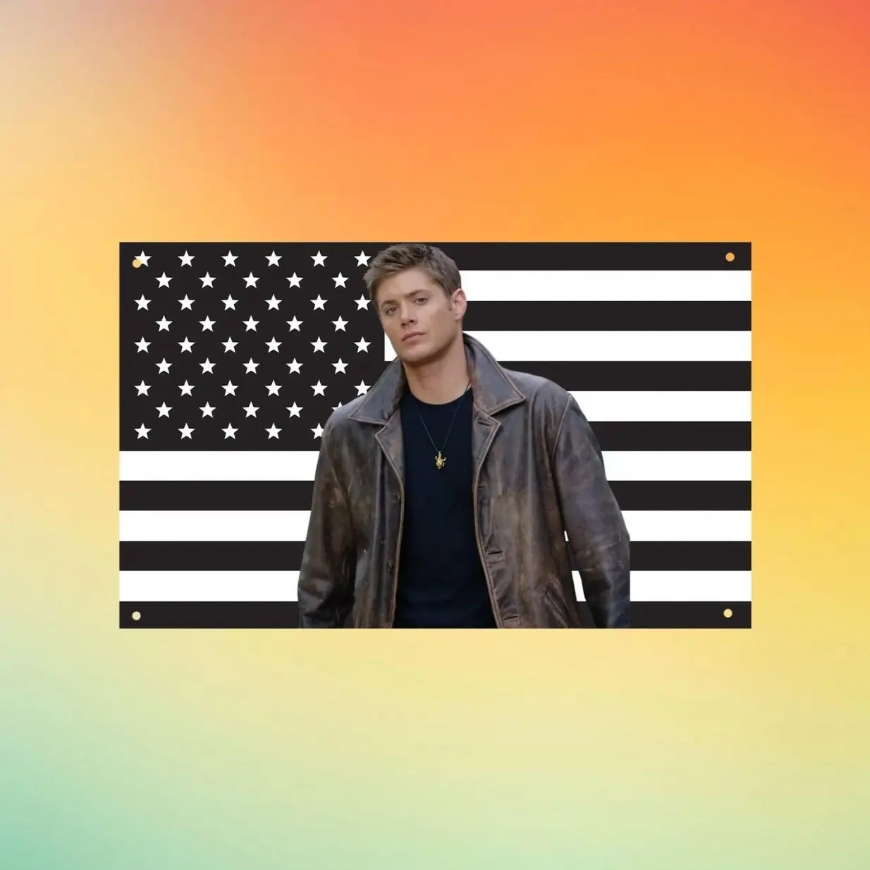 Dean Winchester Black USA Flag Wall Tapestry, Jensen Ackles Supernatural Wall Flag, Black American Flag, Hunter Room Decor