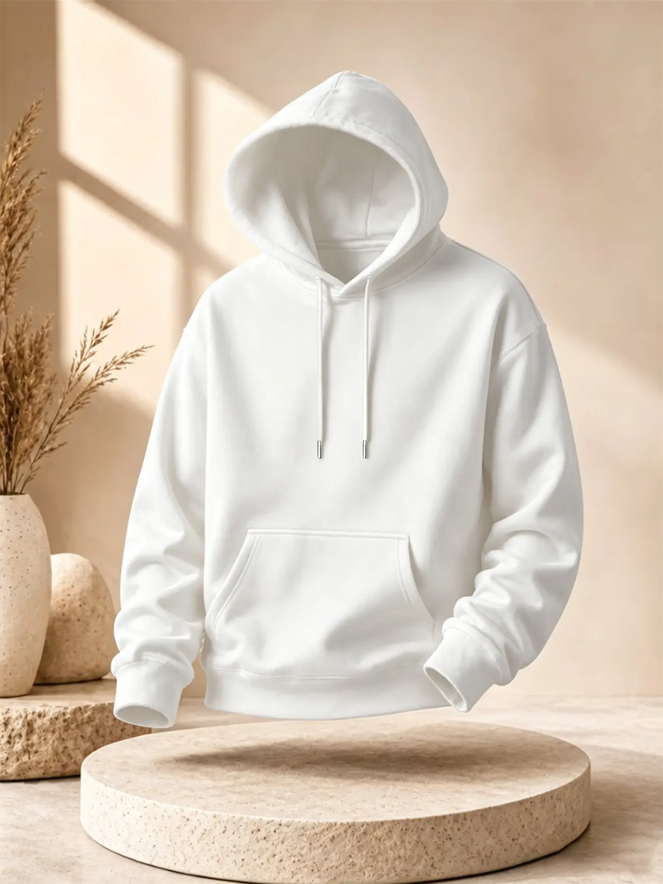 Men's Thickened Casual Drawstring Hooded Plain Hoodie, White Top, Regular Fit Streetwear, Drawstring Pockets, Long Sleeve Sweatshirt, Fall & Winter Fashion, Heavyweight Streetwear Sweatshirts