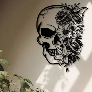 Gothic Metal Skull Wall Art Decor, Modern Home Decor, Indoor Outdoor Floral Skeleton Decoration, Perfect for Living Room Balcony Patio Unique Housewarming Gift
