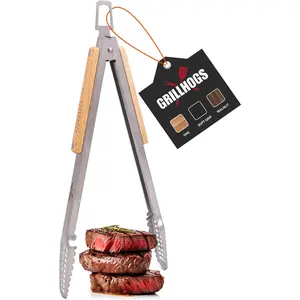 12" Tongs 18/0 Stainless Steel BBQ Grill Tongs with Ergonomic Real Oak Wood Handle for Cooking - Durable Grilling Accessory, Tongs for Cooking & Kitchen, Outdoor Barbecue, Easy to Clean
