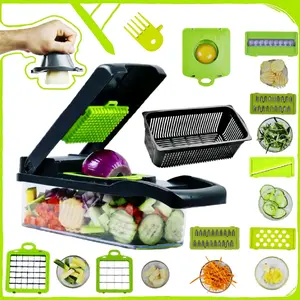 12-in-1 a vegetable and fruit cutter, dual-bladed vegetable chopper features 7 interchangeable blades for cutting different vegetables and fruit, egg white separator, fruit and vegetable peeler, kitchen accessories with brush for cleaning. Chopping kid sa